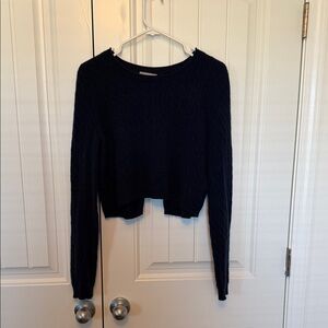 J. Crew Navy Blue Cropped Cable Knit Cashmere Sweater with Open Back Bow Detail